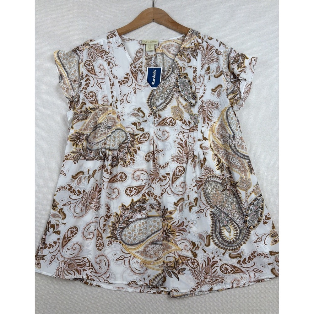 Cynthia Rowley V-Neck Paisley Blouse Top Plus 2X White Brown NWT Flutter Sleeve